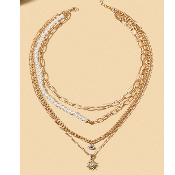 Boho Gold Tone Evil Eye Moon Multilayer Necklace - Picture 3 of 4